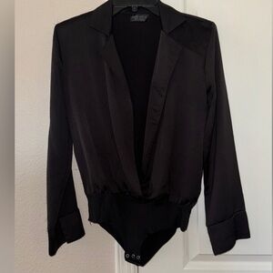 Zara Black Satin Collar Long Sleeve Bodysuit